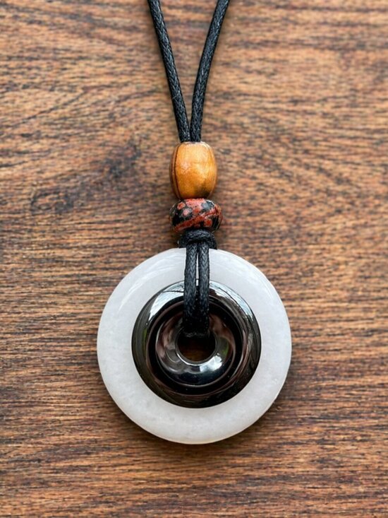 Artisan Jewelry - White Jade and Hematite Pendant | Handmade
